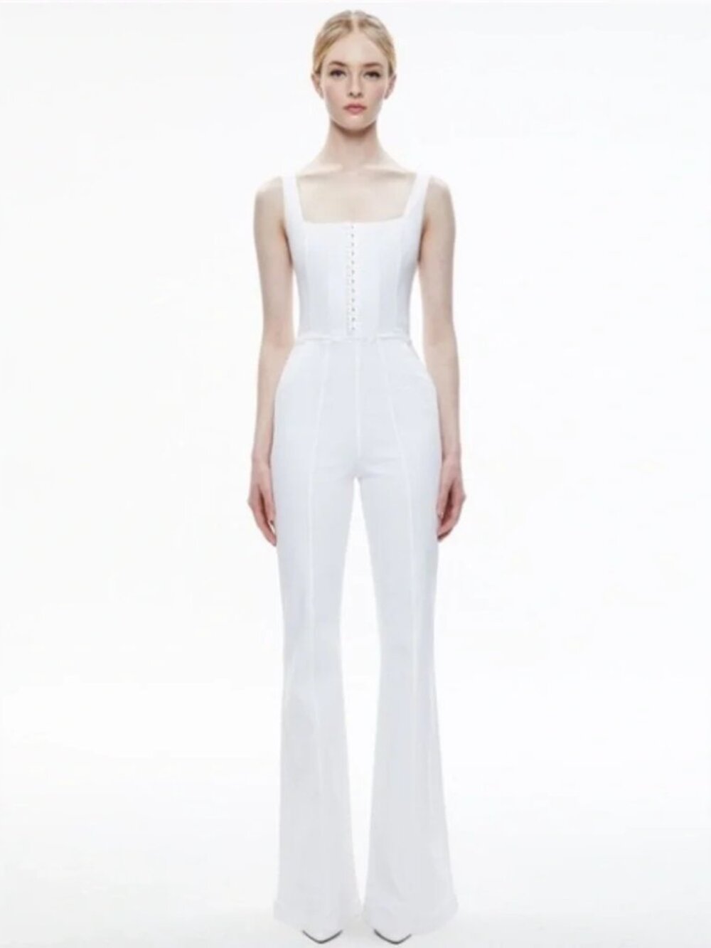 Alice + Olivia Chels Stretch-Denim Jumpsuit In White | Size 24